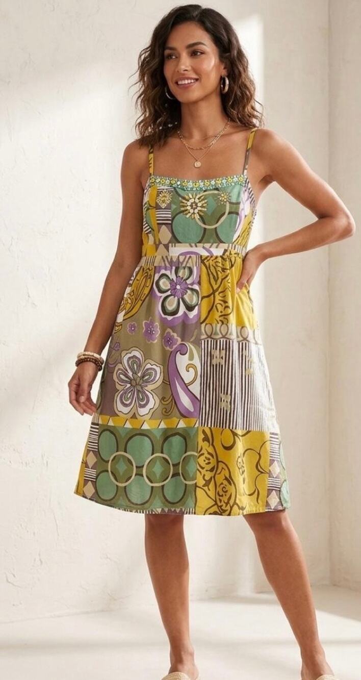 Cabi Women’s Patchwork Beaded Print Cotton Dress Size 8 Boho Festival Y2K
